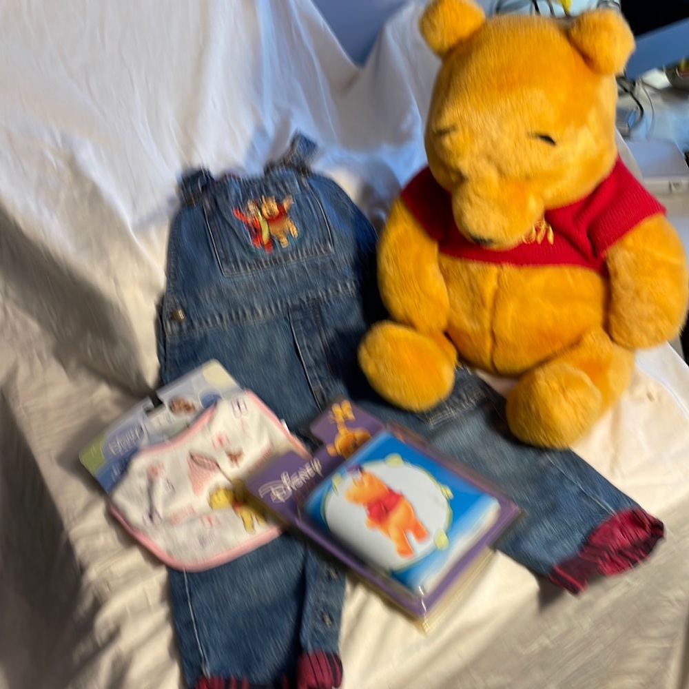 😀24 mo. Overalls Pooh Plush, Bib Self Stick wall border.3 ITEMS FOR 20 SALE